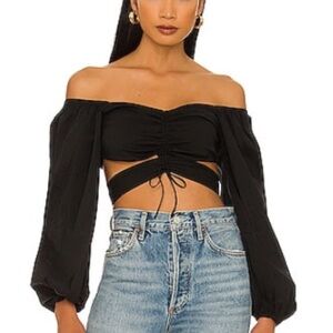 Off-the-Shoulder Black Tie-Waist Crop Blouse